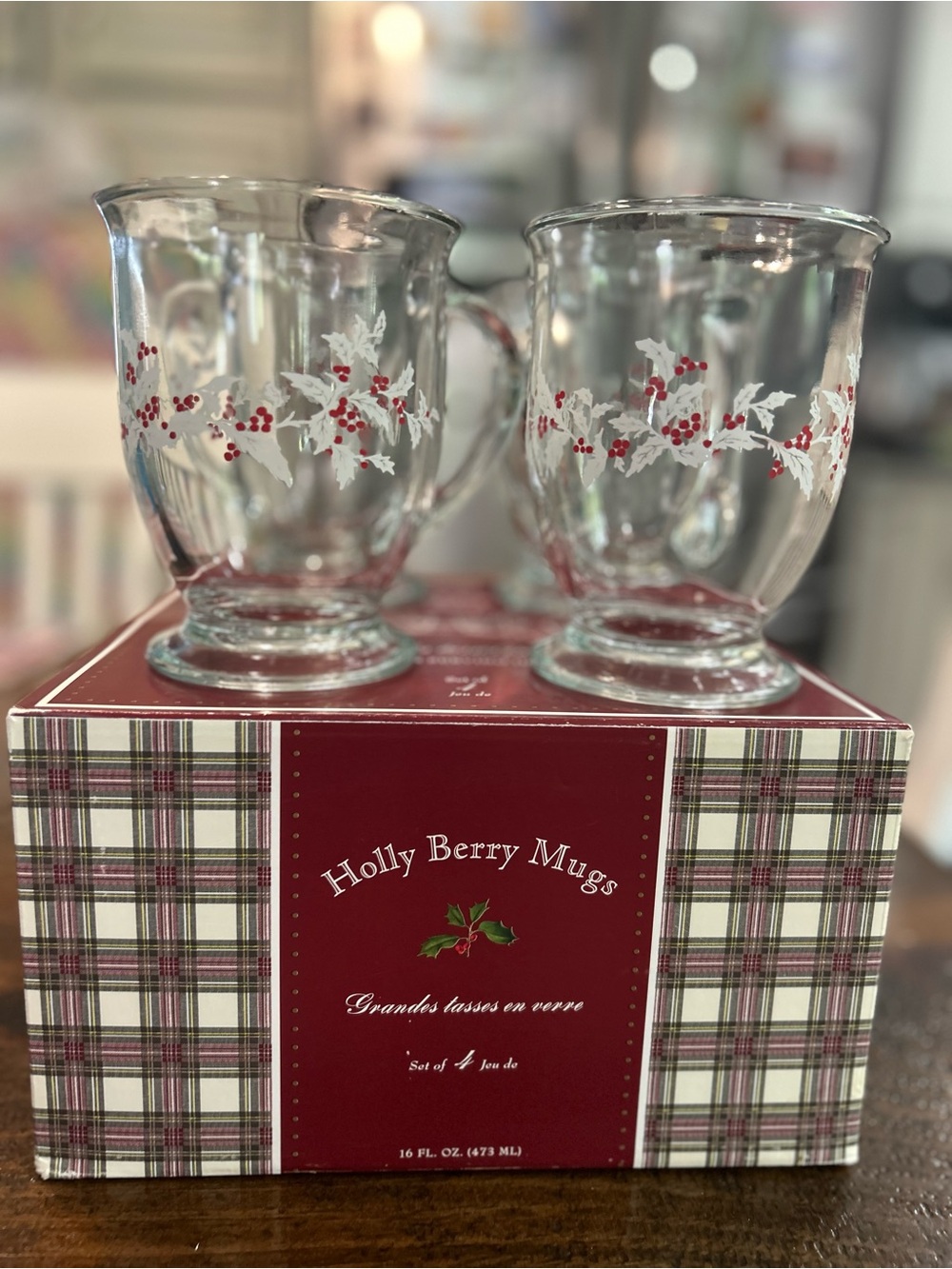 William Sonoma Anchor Hocking Holly Berry Glass Mugs Set of 4- 16oz - Picture 2 of 9